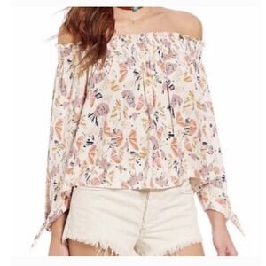 WE THE FREE Lexington Off Shoulder Top Floral Butterfly Ivory Cropped Medium